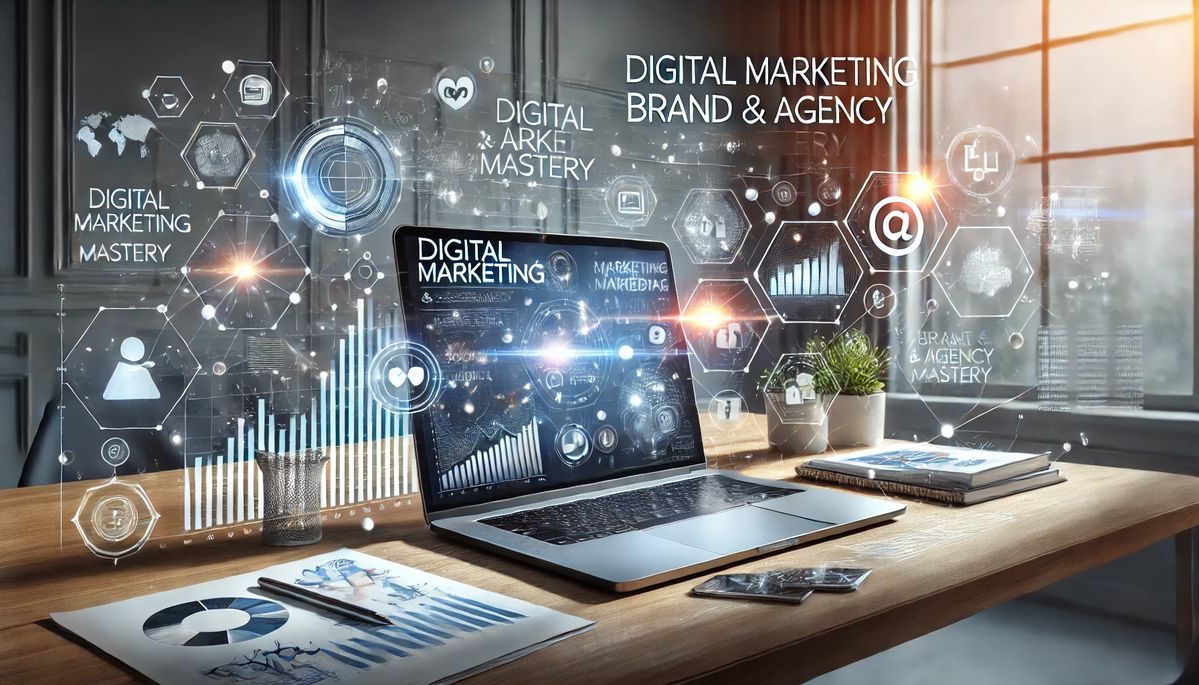 Laptop on a desk surrounded by digital marketing icons and analytics charts