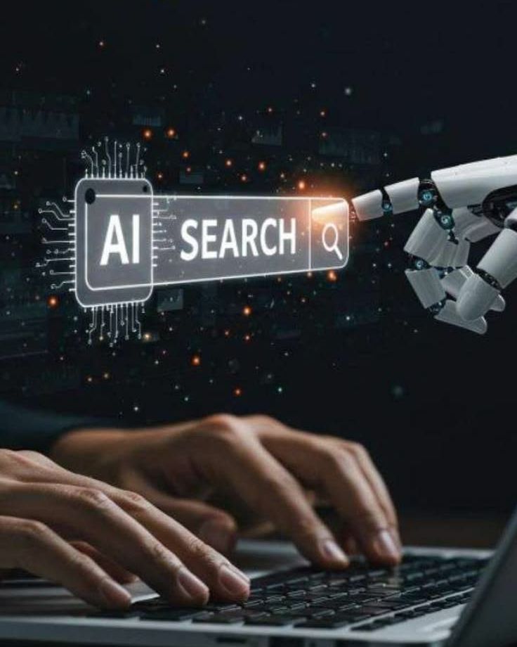 Hands typing on a laptop beneath an AI search bar
