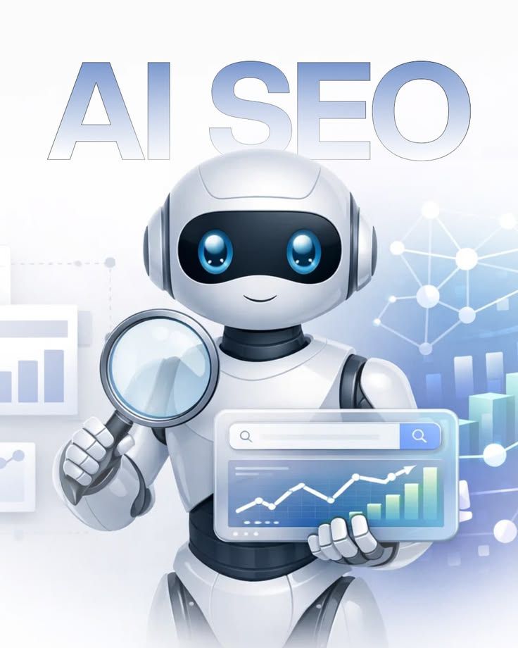 Illustration of a robot with a magnifying glass reviewing search results and analytics