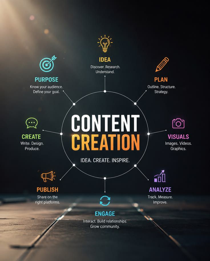 Content creation cycle: purpose, idea, plan, create, visuals, publish, engage and analyse
