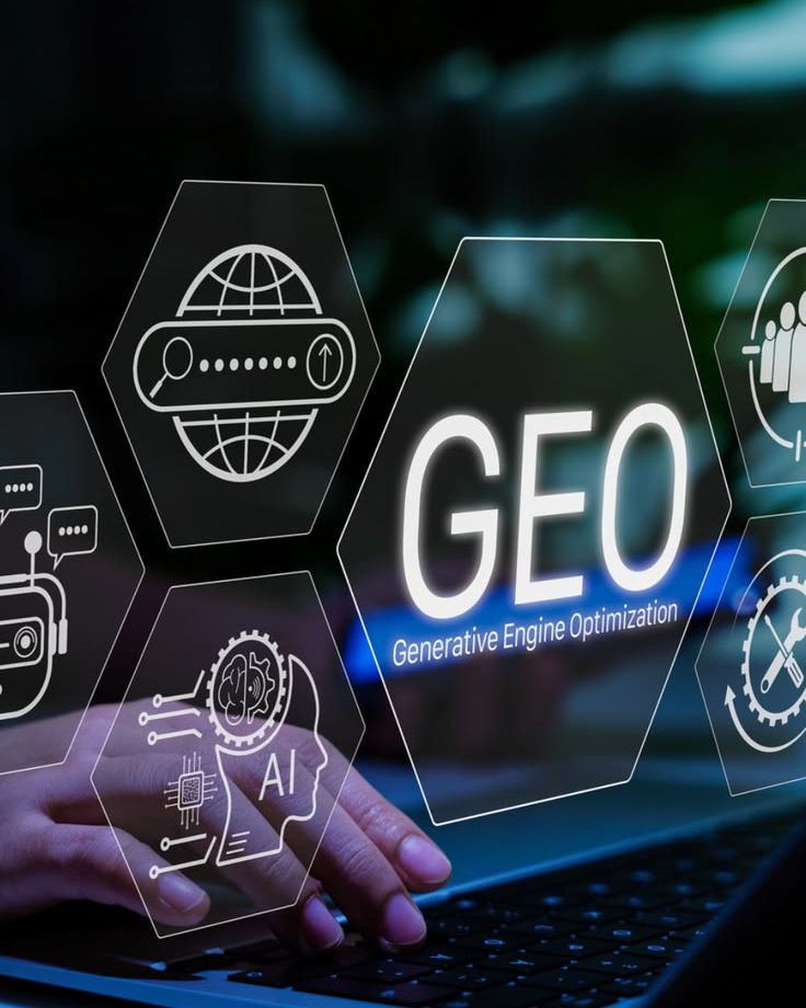 Generative Engine Optimization graphic above a laptop keyboard