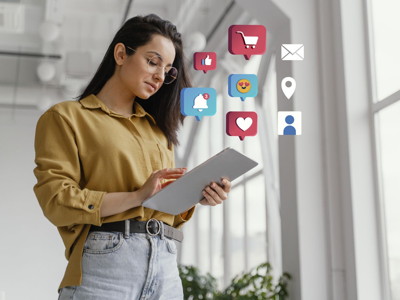 Woman using a tablet with shopping, like, message and notification icons around it